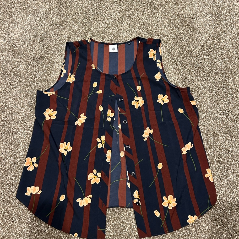 CAbi Floral Striped Sleeveless Blouse - Navy and Brown